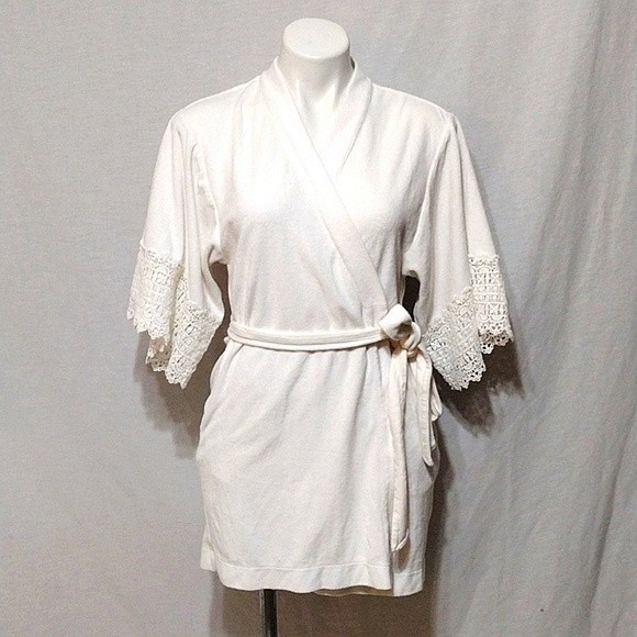 Betsey Johnson Terry Cloth Embroidered Print Crochet Trim Kimono Sleeves Robe M - Picture 5 of 13